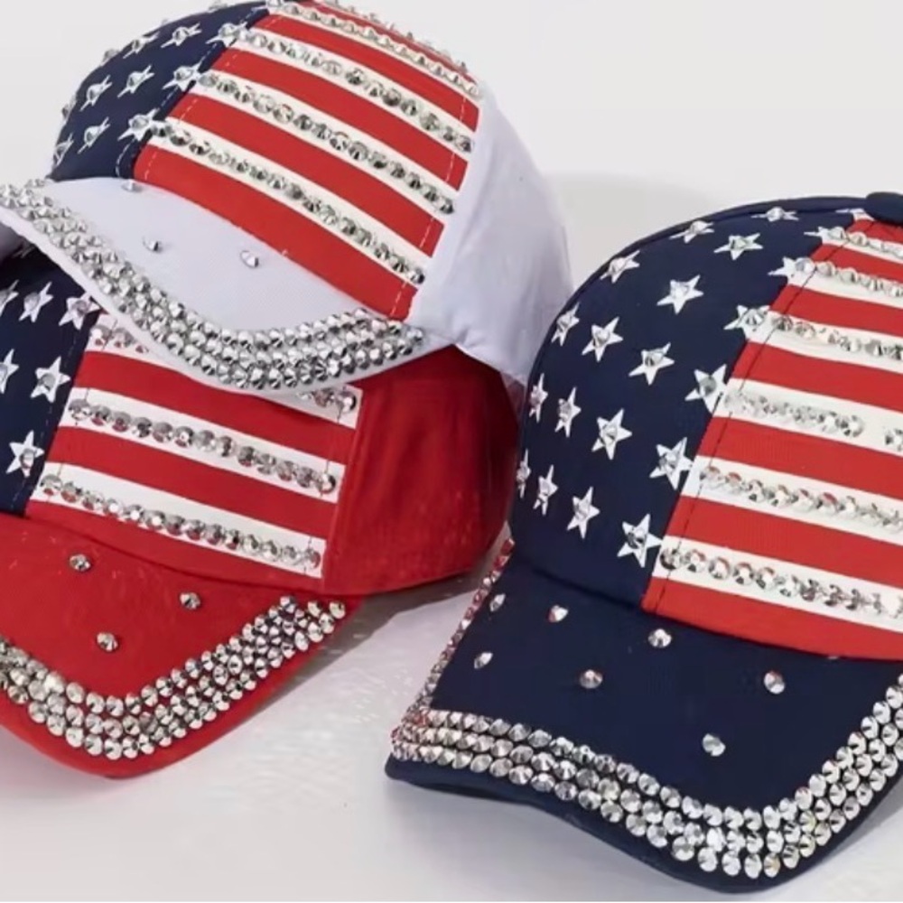 Rhinestone American Flag Baseball Cap - Red White Blue